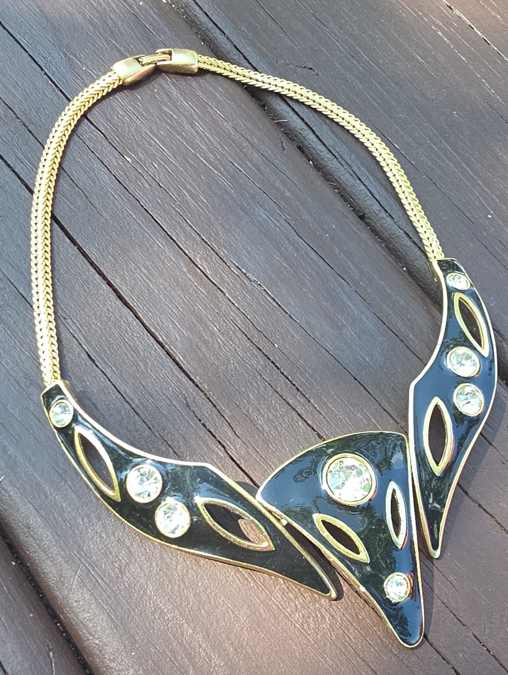 Gold-Tone Black Statement Necklace with Clear Crystals